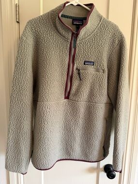 Patagonia Pile Fleece Half-Zip Pullover - Light Gray with Maroon Trim